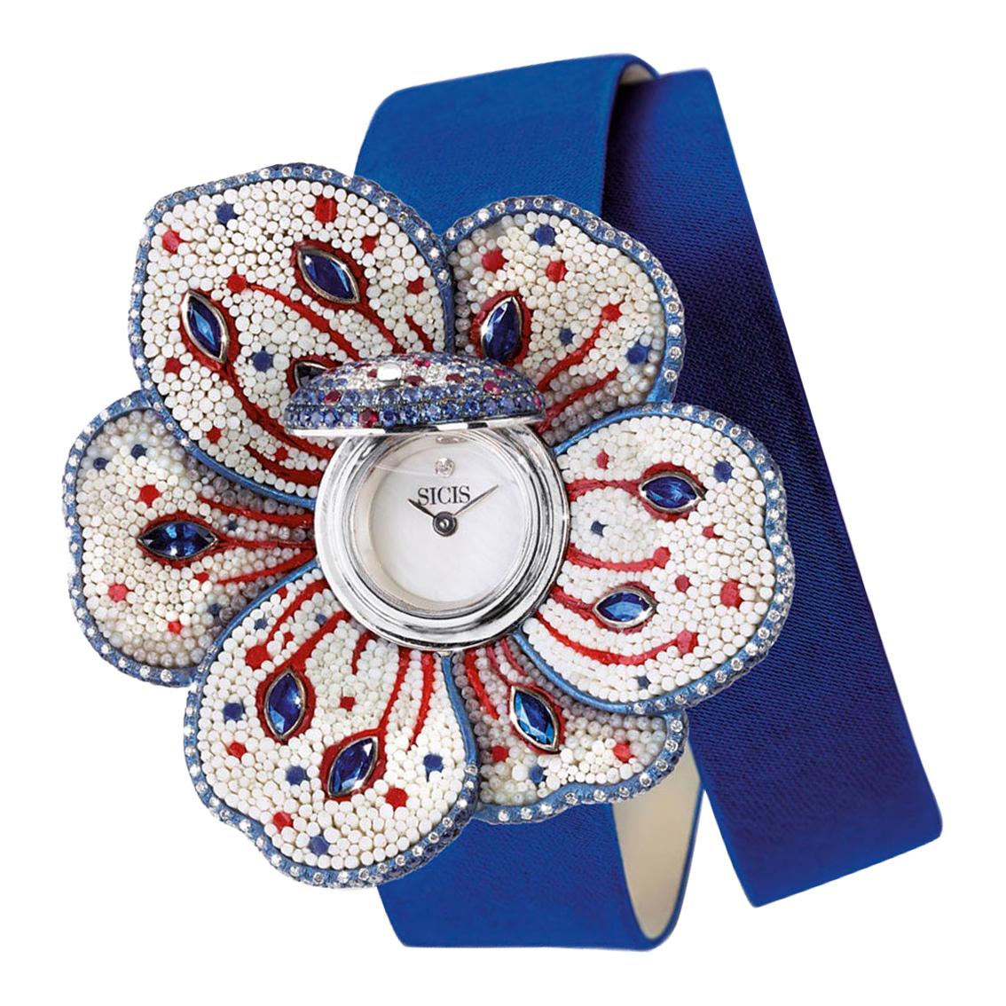 Watch White Gold White Diamonds Sapphires Ruby Satin Strap Decorated Micromosaic