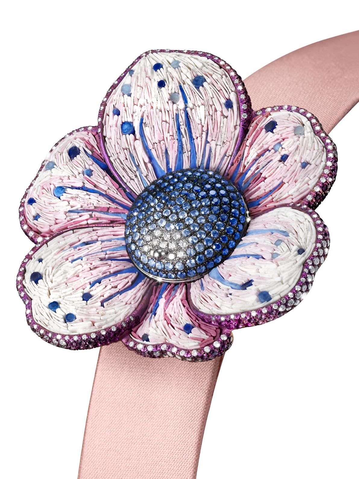 Brilliant Cut Watch White Gold White Diamonds Sapphires Satin Strap Hand Decorated Micromosaic For Sale