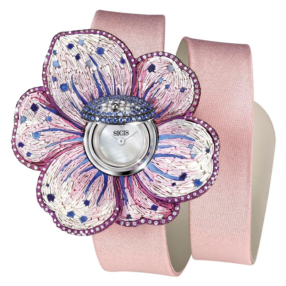 Watch White Gold White Diamonds Sapphires Satin Strap Hand Decorated Micromosaic For Sale