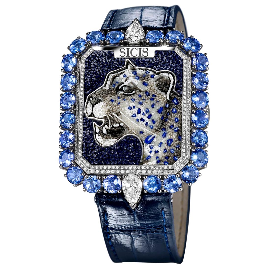 Watch White Gold White Diamonds Tanzanite Alligator Strap Decorated Micro Mosaic