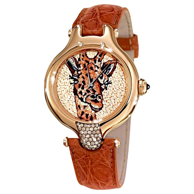 Orologio Oro Giallo Marrone Diamanti Zaffiri Cinturino Alligatore Decorato Micromosaico in vendita