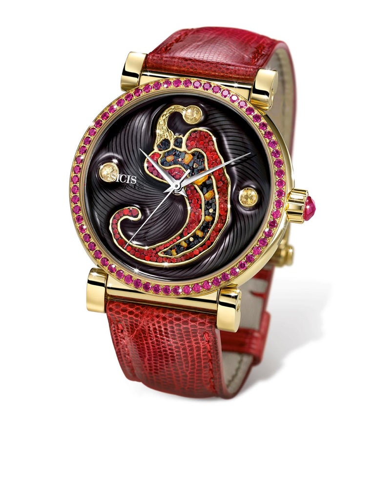 Watch Yellow Gold Sapphires Ruby Lizard Strap Handdecorated with ...
