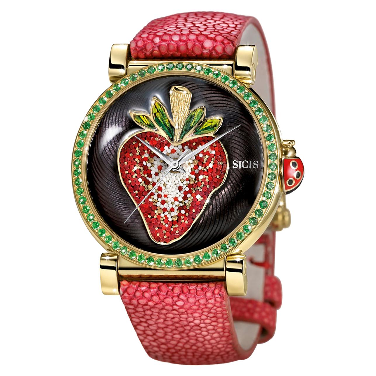 Watch Yellow Gold Tsavorite Galuchat Strap Hand Decorated with Micro Mosaic