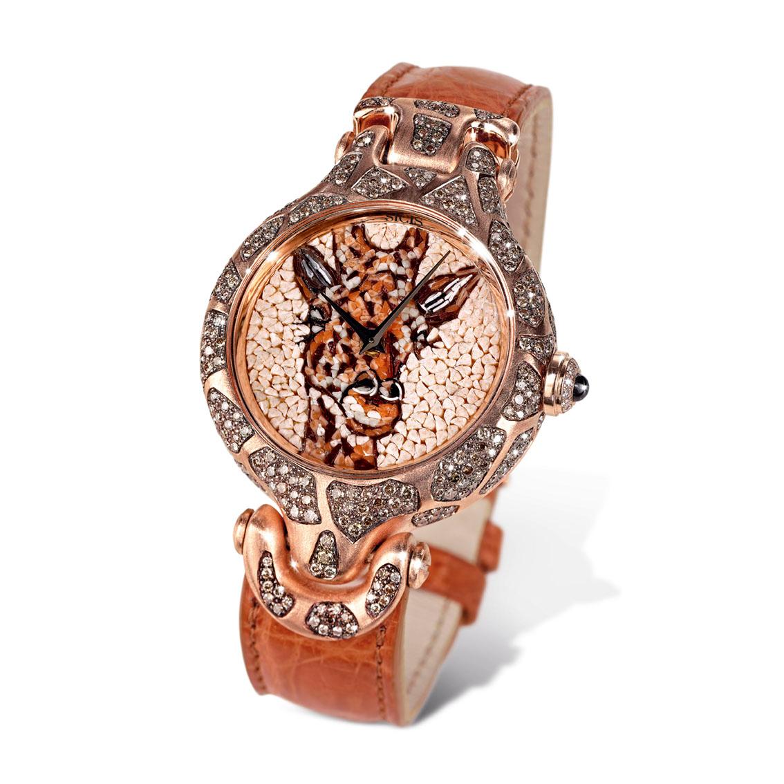 Arts and Crafts Watch Yellow Gold White and Brown Diamonds Sapphires Alligator Strap Micromosaic For Sale