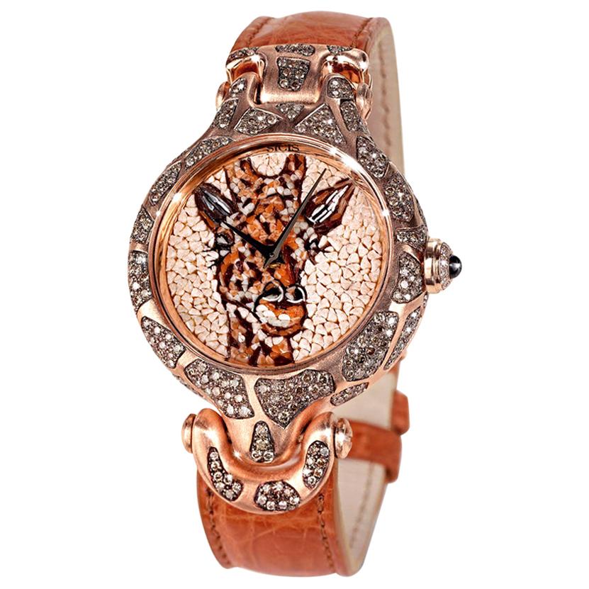 Watch Yellow Gold White and Brown Diamonds Sapphires Alligator Strap Micromosaic For Sale