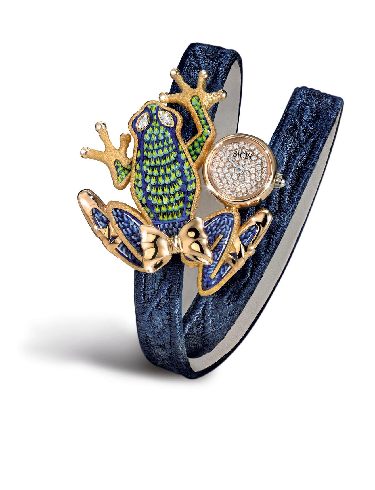 Taglio brillante Orologio Oro Giallo Diamante Bianco Cinturino Jeans Trapuntato Decorato Micromosaico in vendita