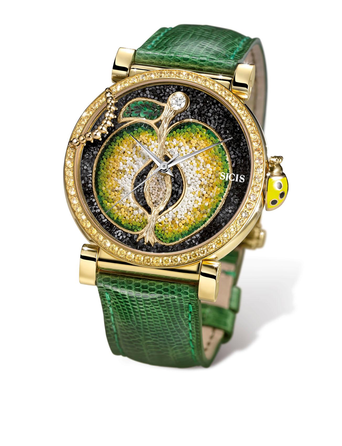 Brilliant Cut Watch Yellow Gold White Diamond Sapphires Lizard Strap Handdecorated Micromosaic For Sale