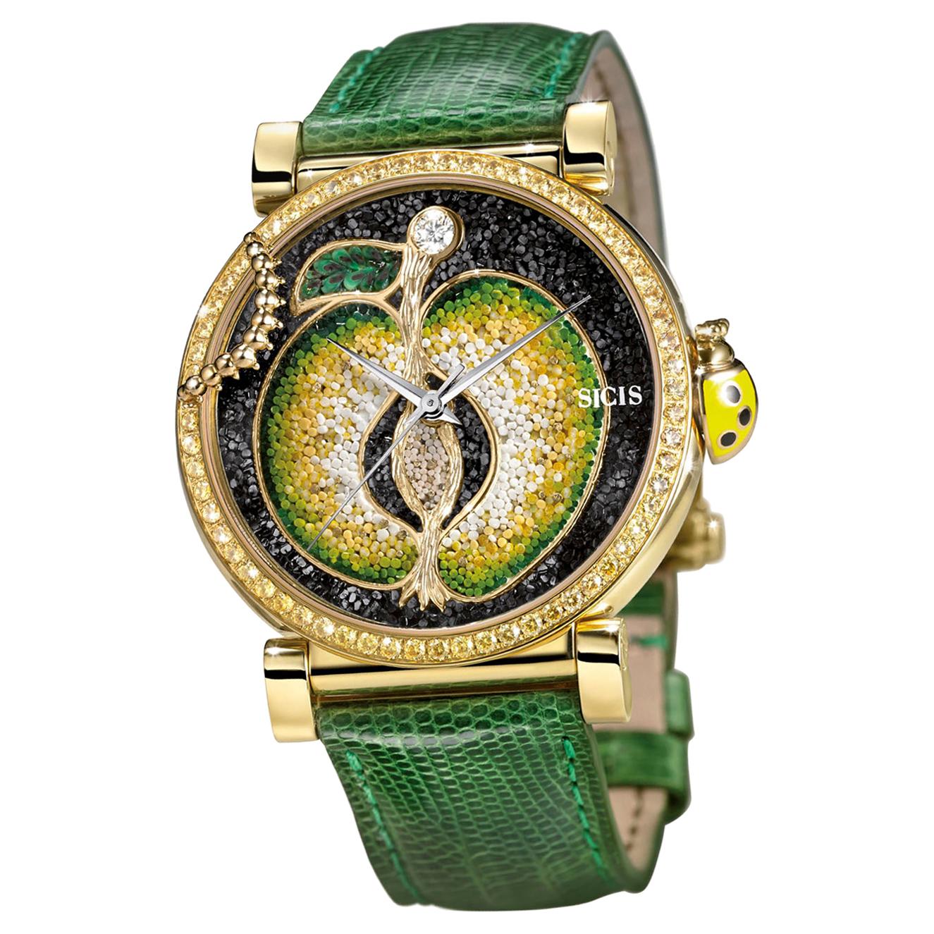 Watch Yellow Gold White Diamond Sapphires Lizard Strap Handdecorated Micromosaic For Sale