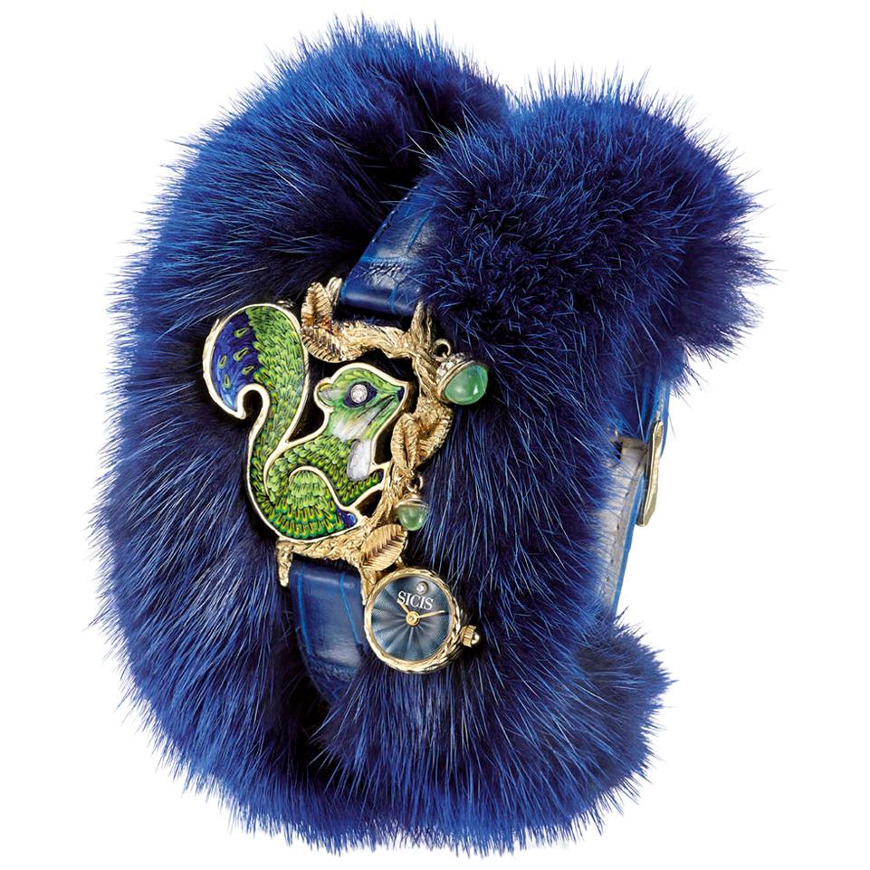 Uhr Gelbgold Weiß Diamanten Jade Pelz und Alligatorriemen Guilloche Zifferblatt