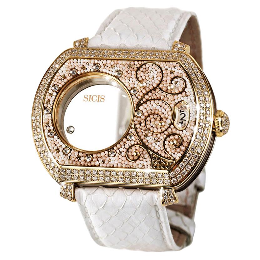 Uhr aus Gelbgold mit weißen Diamanten und Python-Riemen, handdekoriert mit Mikro-Mosaik