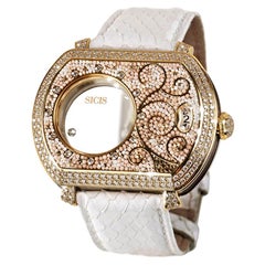 Watch Yellow Gold White Diamonds Python Strap Hand Decorated with Micro Mosaic