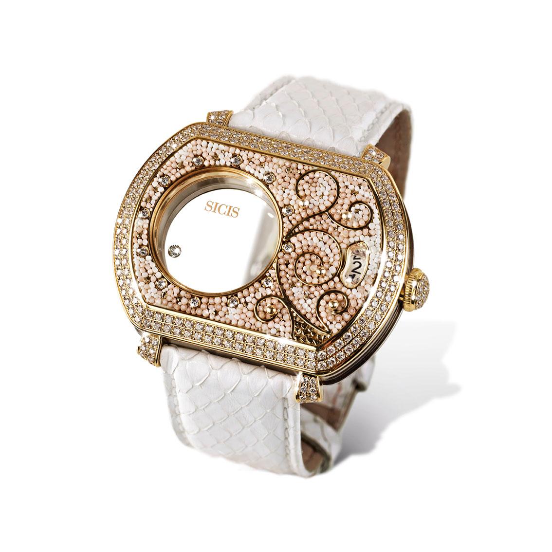 Modern Watch Yellow Gold White Diamonds Python Strap Hand Decorated with Micro Mosaic For Sale