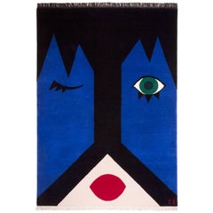 Watching - Unique Modern Geometric Wool Rug with Graphic Blue Red White Face
