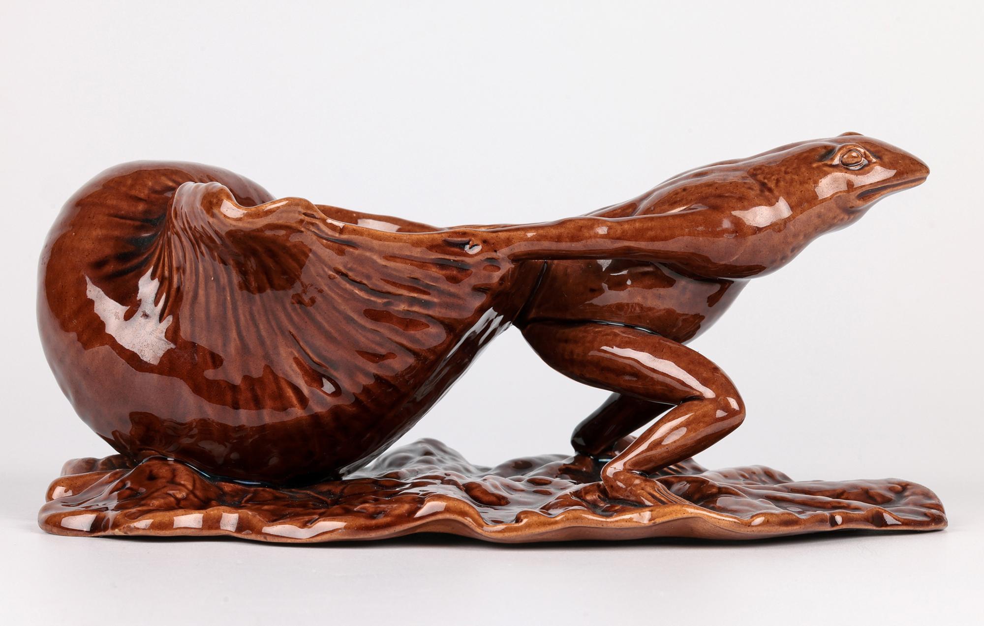 Watcombe Torquay Art pottery Brown Glazed Novelty Frog & Shell Sauce Boat For Sale 3