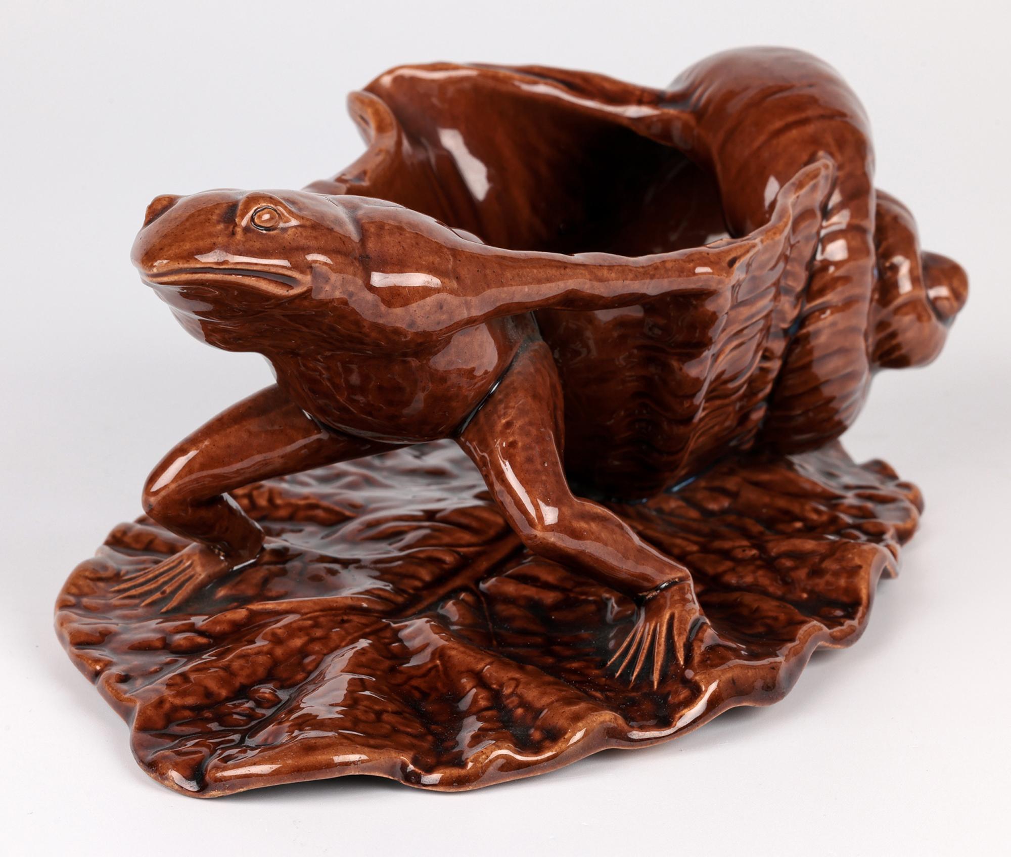 Watcombe Torquay Art pottery Brown Glazed Novelty Frog & Shell Sauce Boat For Sale 5