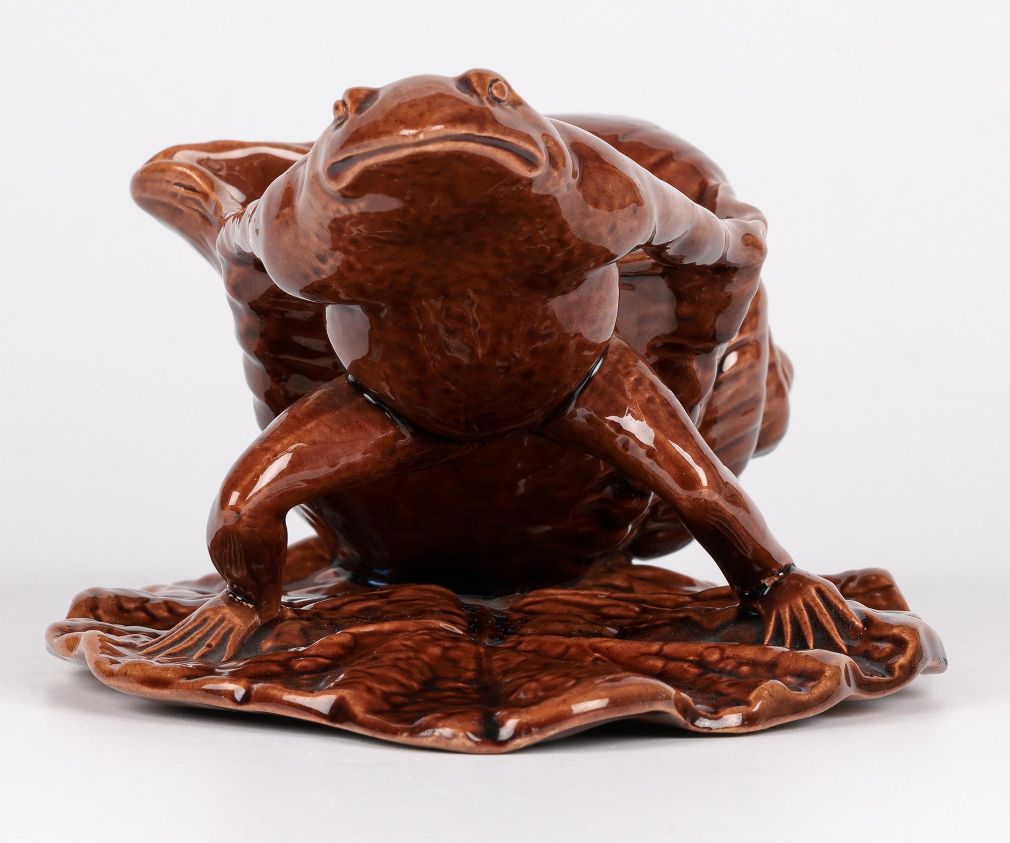 Watcombe Torquay Art pottery Brown Glazed Novelty Frog & Shell Sauce Boat For Sale 7