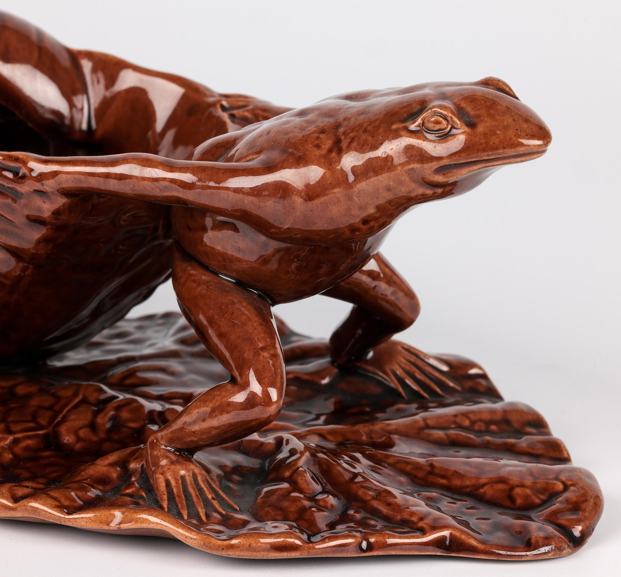 Watcombe Torquay Art pottery Brown Glazed Novelty Frog & Shell Sauce Boat For Sale 8