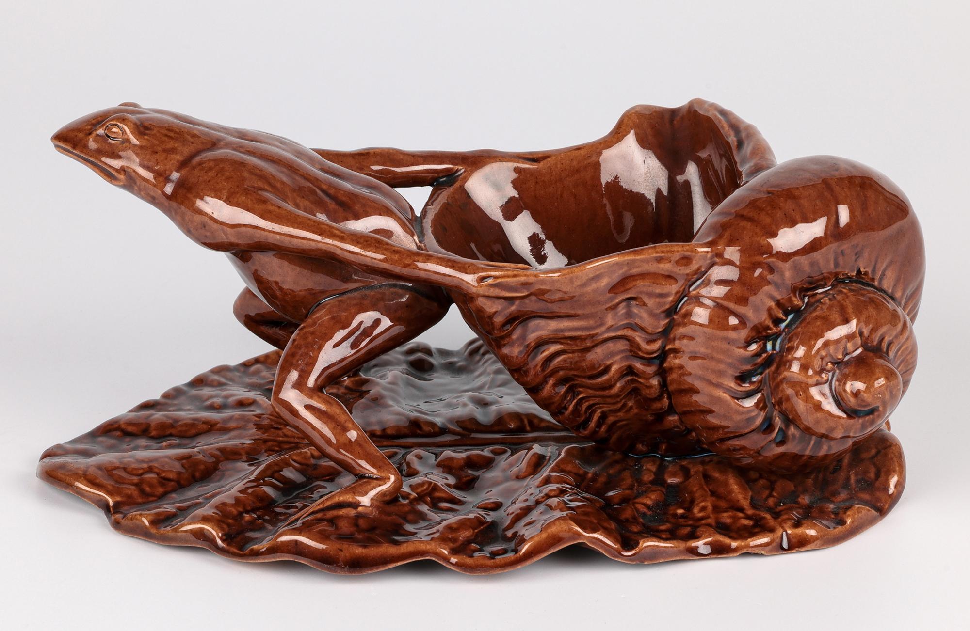 Watcombe Torquay Art pottery Brown Glazed Novelty Frog & Shell Sauce Boat For Sale 9