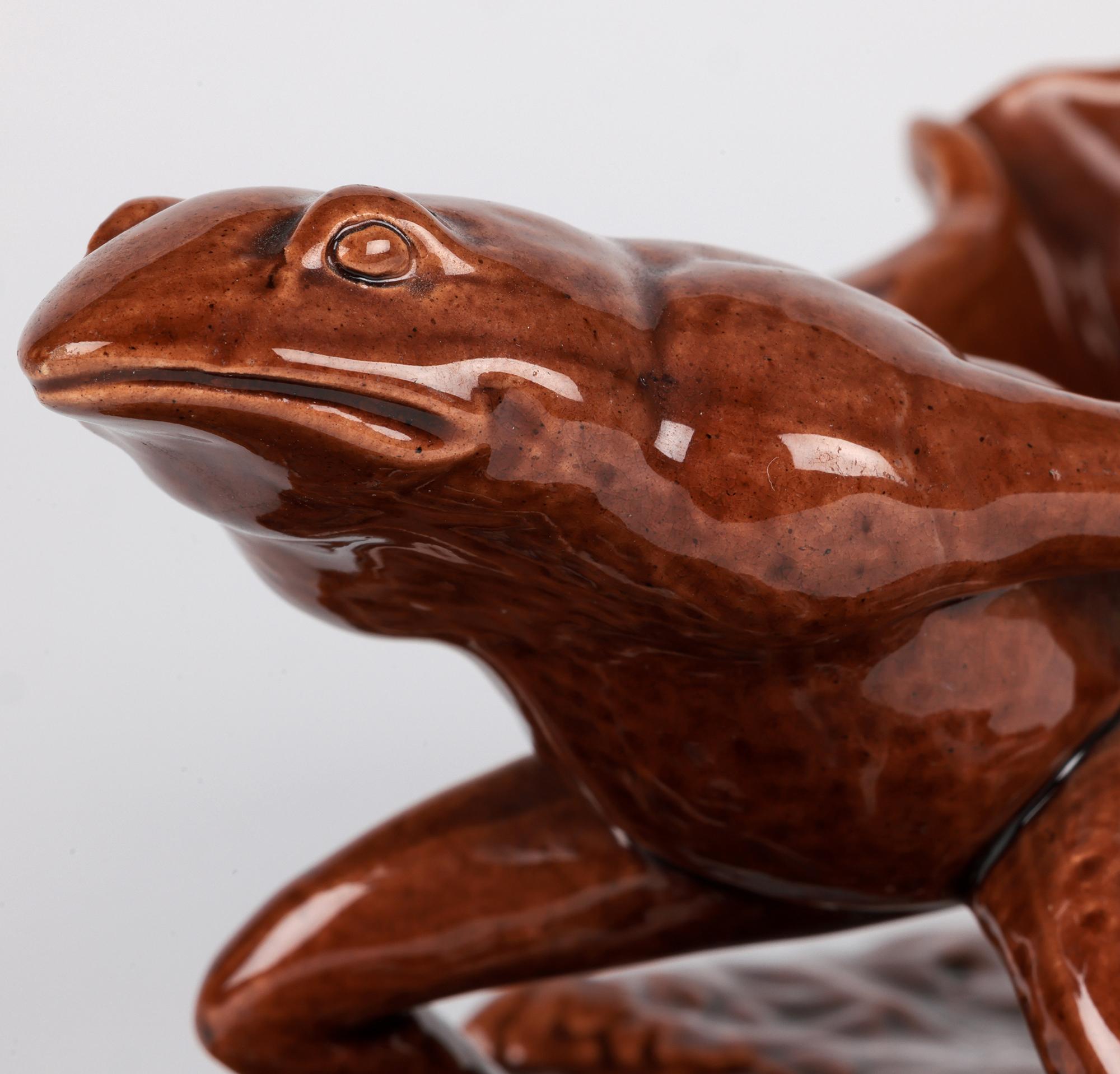 English Watcombe Torquay Art pottery Brown Glazed Novelty Frog & Shell Sauce Boat For Sale