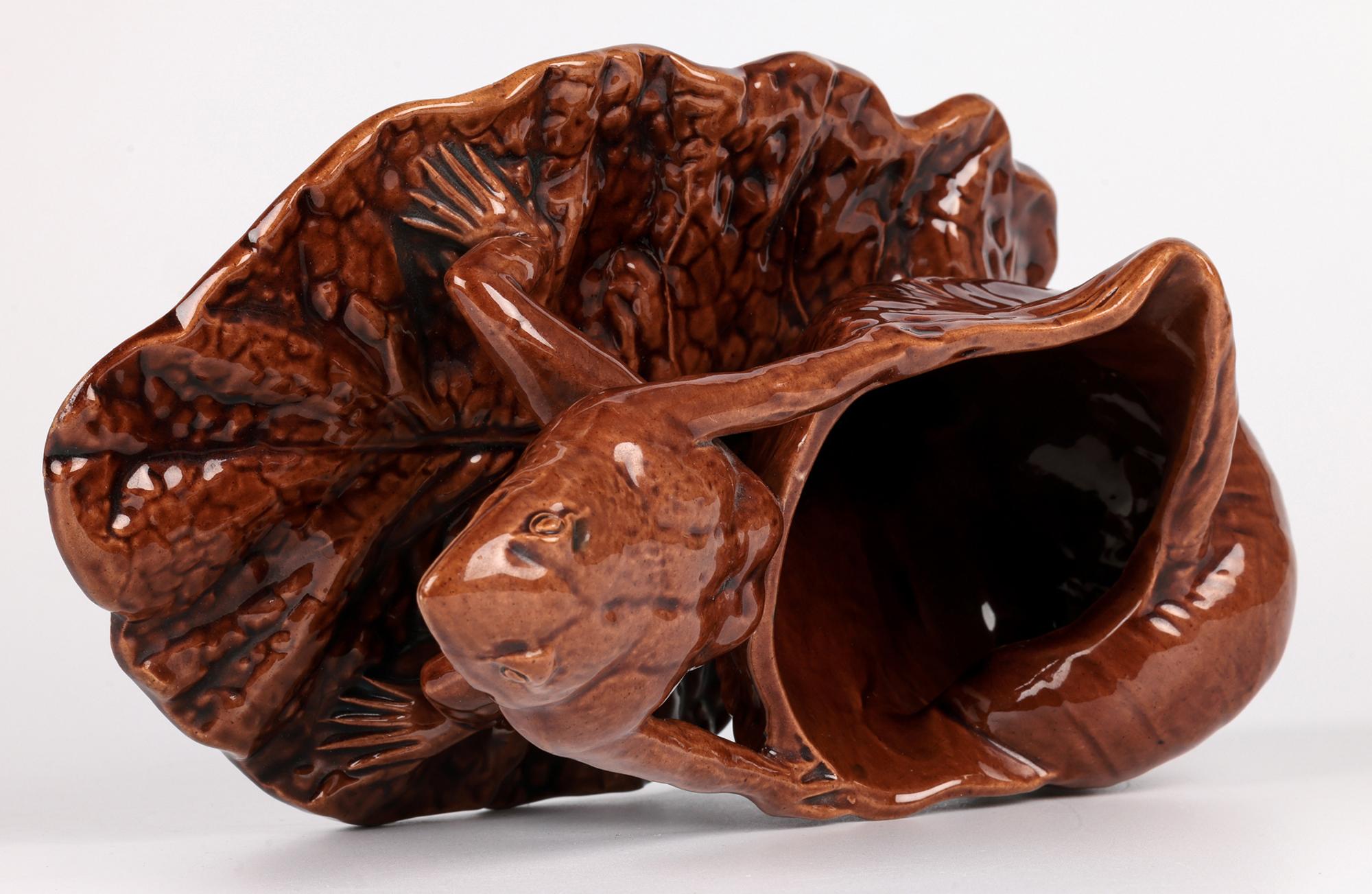 Late 19th Century Watcombe Torquay Art pottery Brown Glazed Novelty Frog & Shell Sauce Boat For Sale