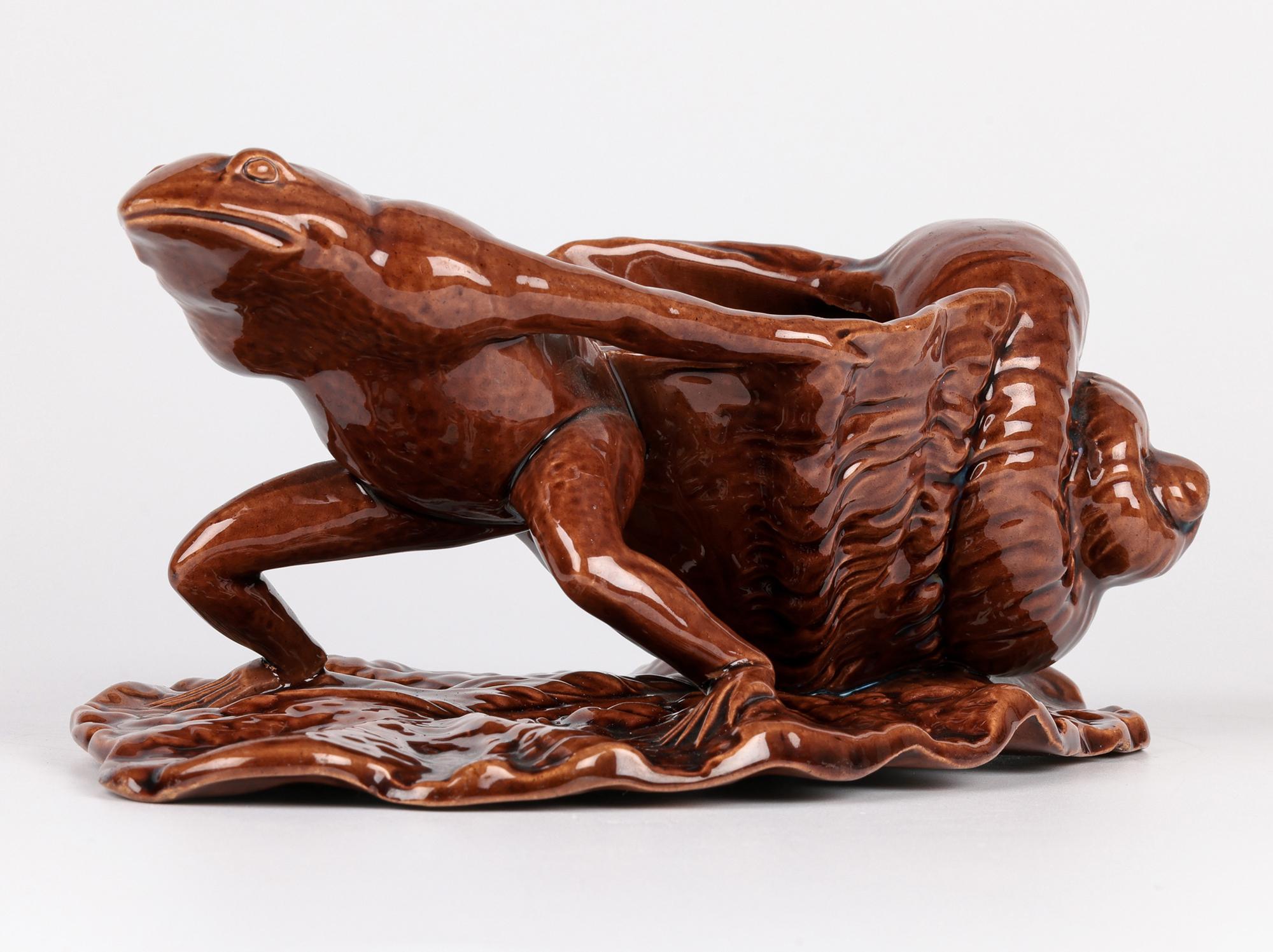 Pottery Watcombe Torquay Art pottery Brown Glazed Novelty Frog & Shell Sauce Boat For Sale