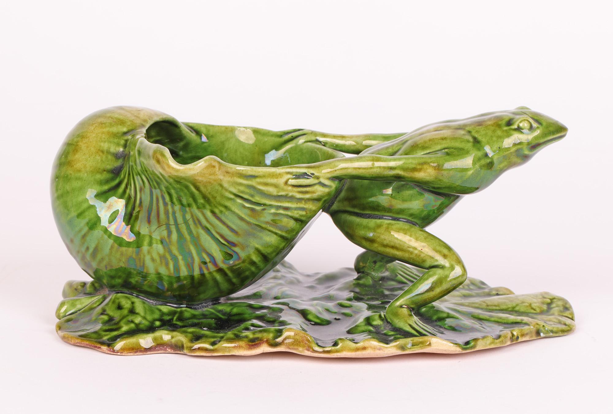 Pottery Watcombe Torquay Art pottery Green Glazed Novelty Frog & Shell Sauce Boat  