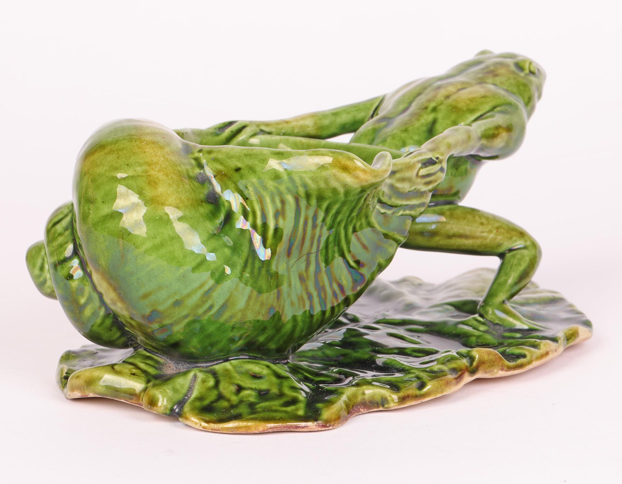 English Watcombe Torquay Art pottery Green Glazed Novelty Frog & Shell Sauce Boat  