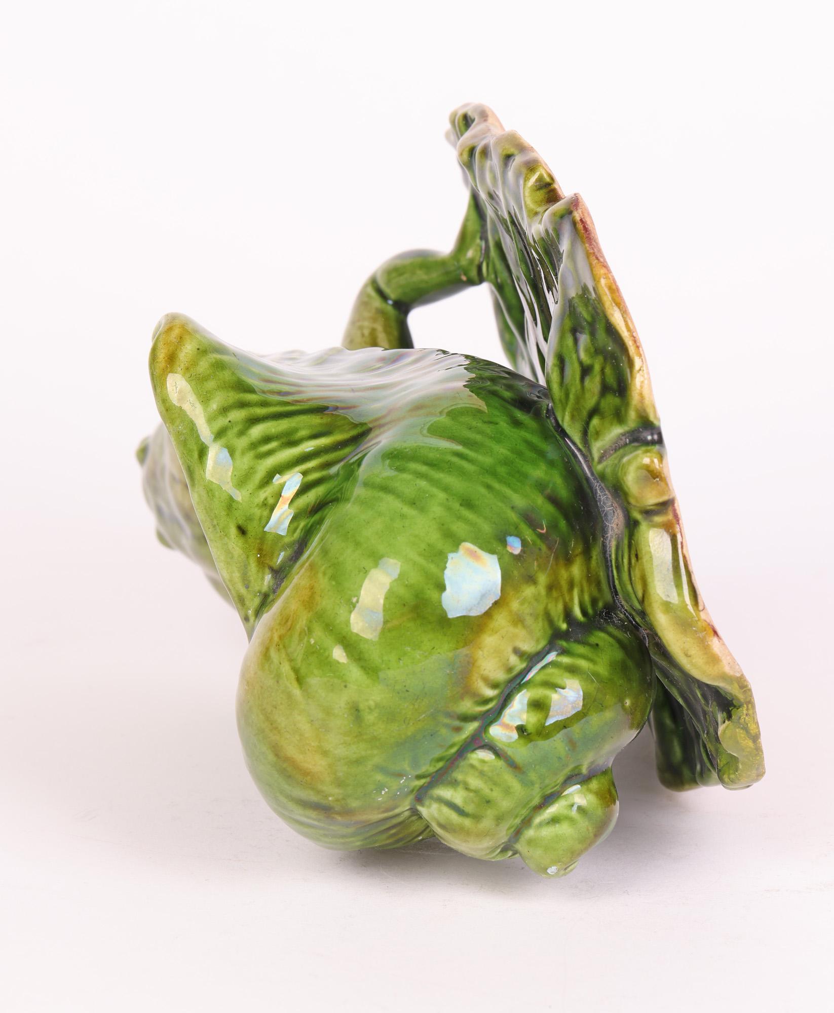 Late 19th Century Watcombe Torquay Art pottery Green Glazed Novelty Frog & Shell Sauce Boat  