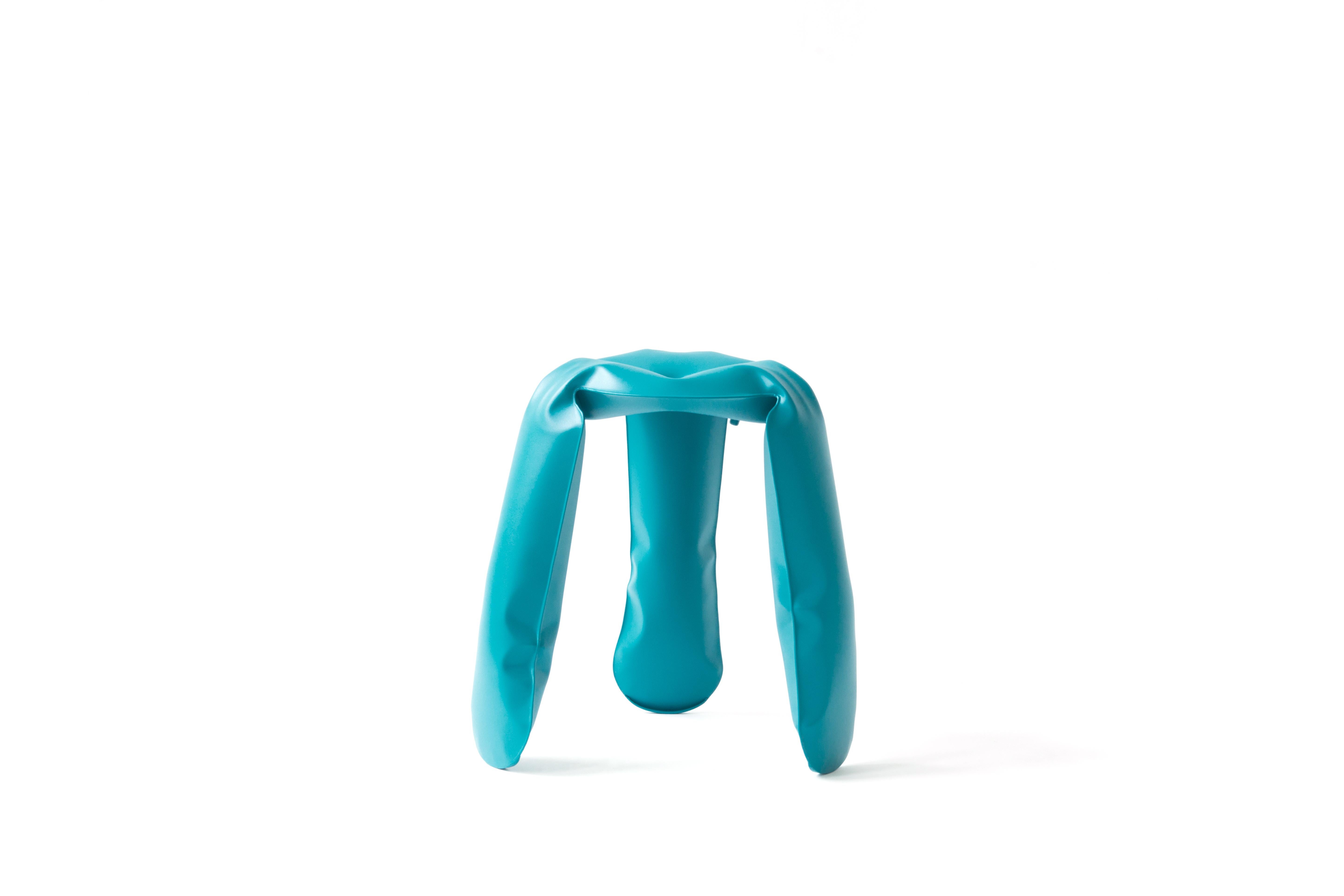 Water blue mini plopp stool by Zieta.
Dimensions: D 25 x H 38 cm 
Material: Carbon steel. 
Finish: Powder-coated. Matt finish.
Available in colors: strawberry red, water blue, yellow glossy, flamed gold, and deep space blue. Available in stainless