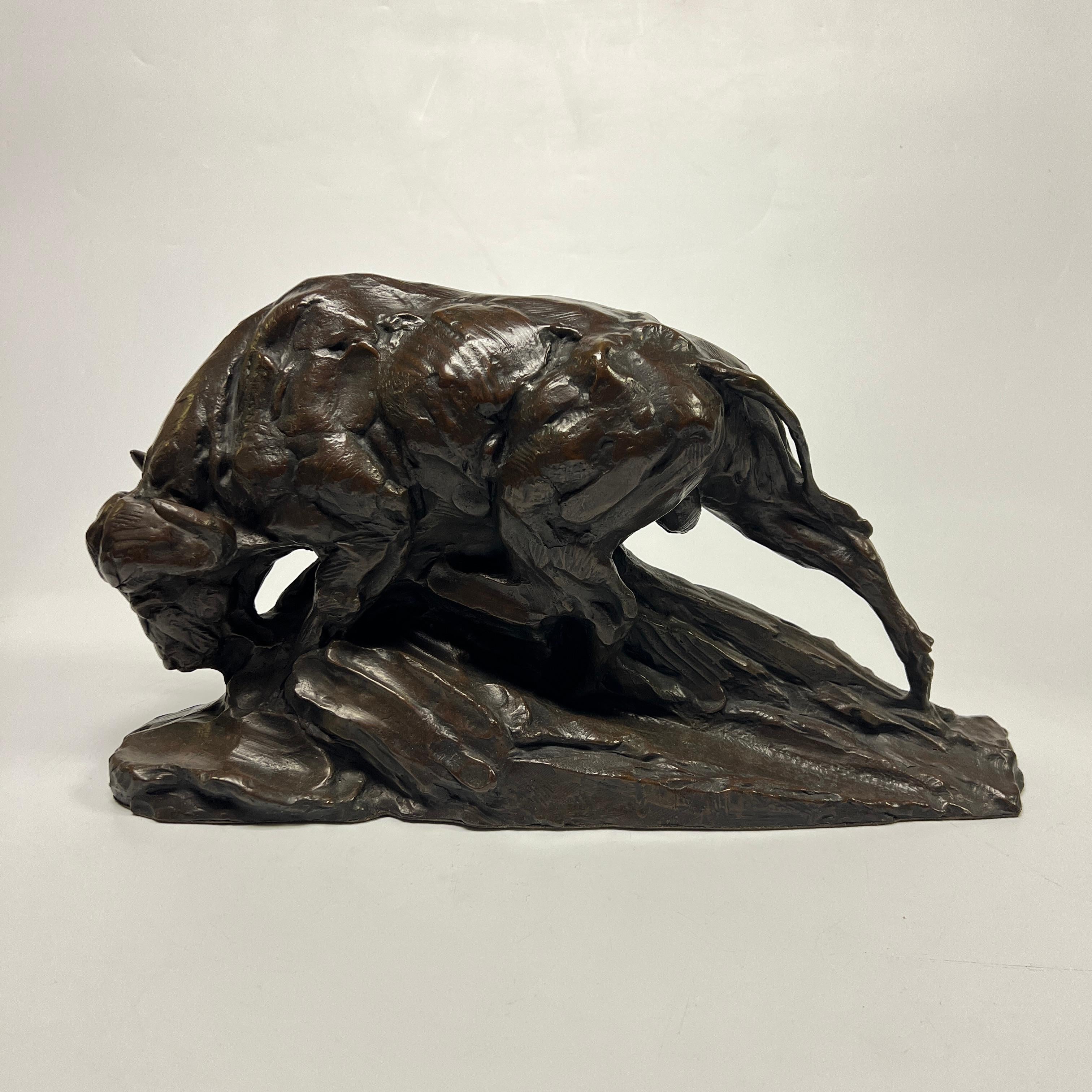 Nuestra escultura de bronce patinado de Dylan Lewis (1964- ) representa un búfalo de agua con la cabeza gacha.  Firmado Dylan Lewis 97.    9 3/4 por 18 1/4 por 5 1/2 pulgadas y en muy buen estado.