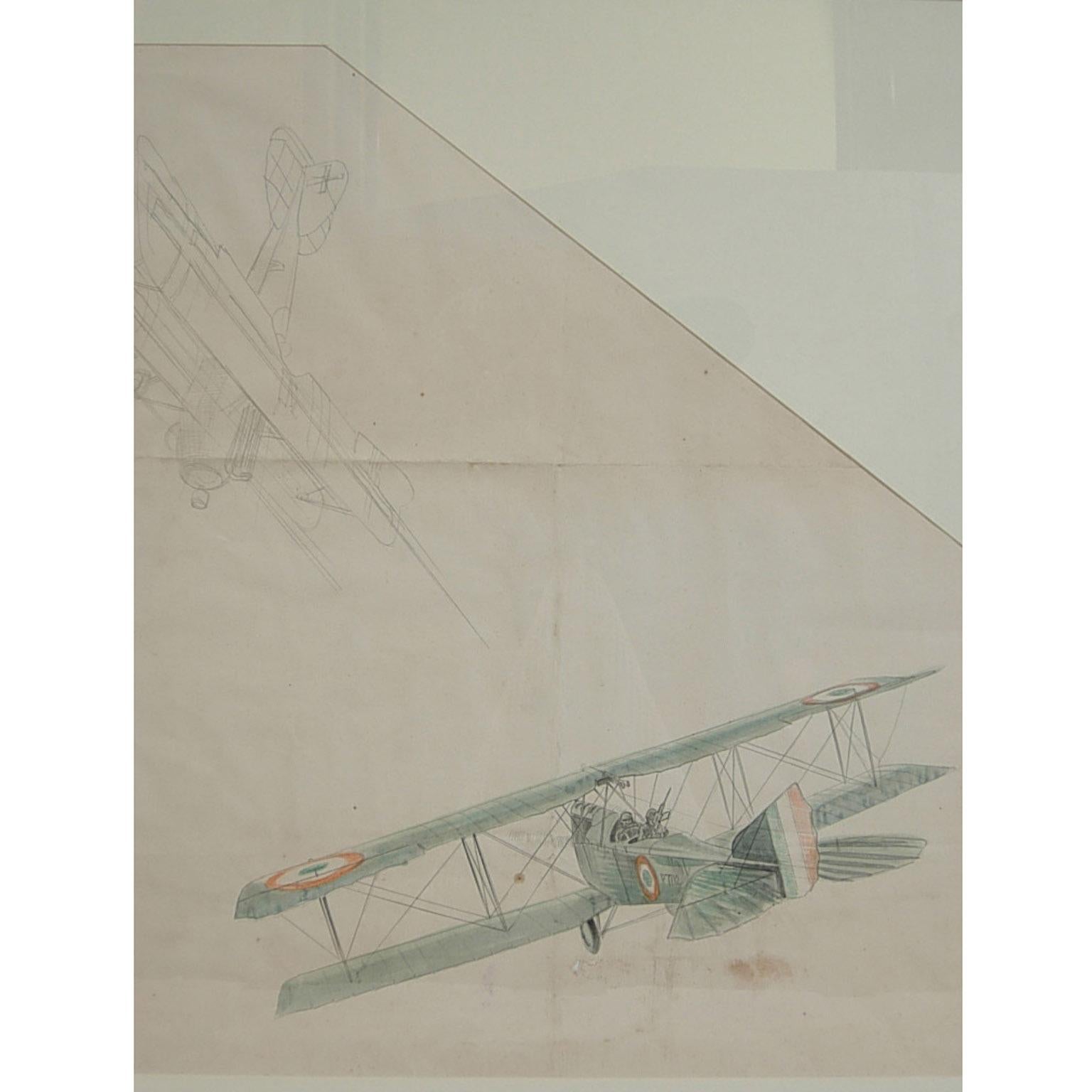 Water-color and pencil drawing representing two biplanes drawn by Riccardo Cavigioli. Left = single-seat biplane fighter Albatros D III produced in 1917. Right= two-seat single-engined biplane for reconnaissance Fiat R 2, produced in 1918 on the