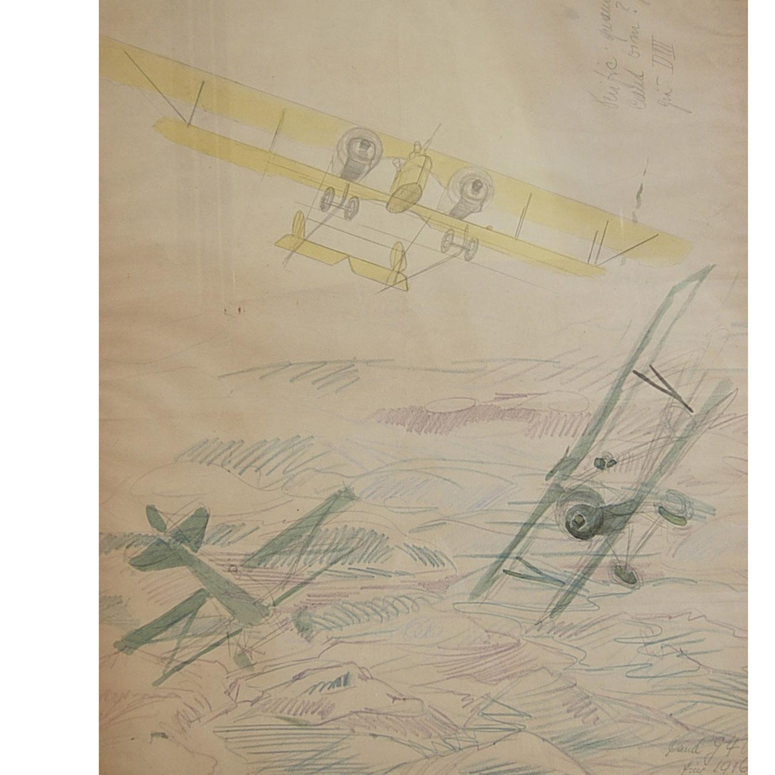 Water-color, pastel and pencil by Riccardo Cavigioli representing two biplane airplanes. High= two-seat twin-engined biplane Caudron G IV of the 1915. Low=two single-seat biplane fighter Nieuport 17, produced in the late spring of 1916. Measure with