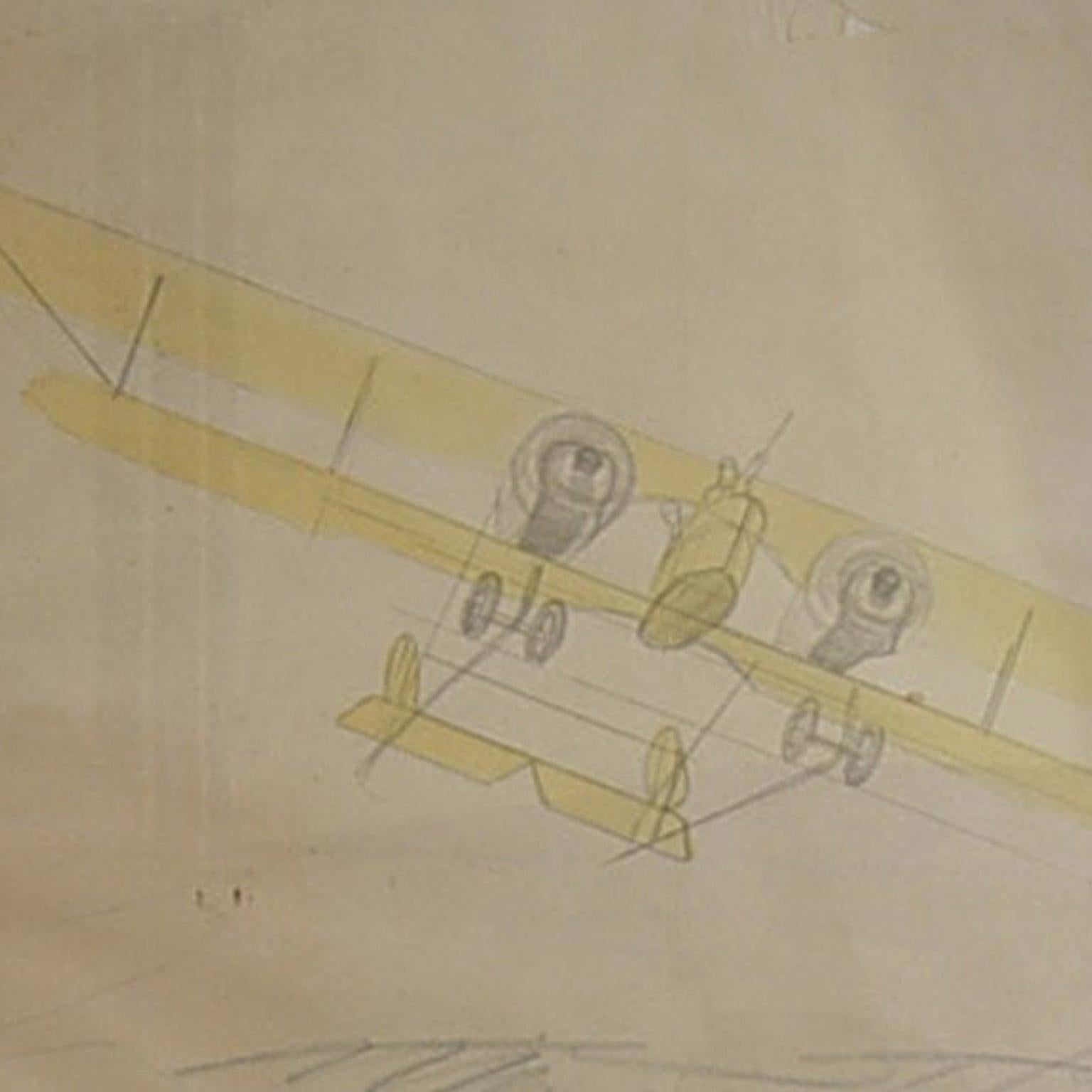 Wasserfarbene Luftfahrtszeichnung aus der Luftfahrt mit zwei Flugzeugen, Caudron G IV. WWI-Flugzeug, Zeichnung (Italienisch) im Angebot