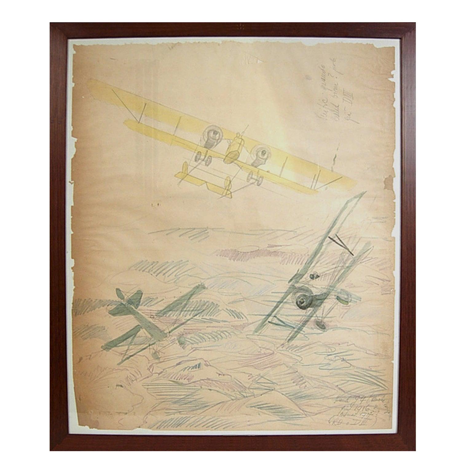 Wasserfarbene Luftfahrtszeichnung aus der Luftfahrt mit zwei Flugzeugen, Caudron G IV. WWI-Flugzeug, Zeichnung im Angebot