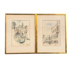 Water Color Prints of Venezia a Pair with Gilt Frames Signed Jan Korthals