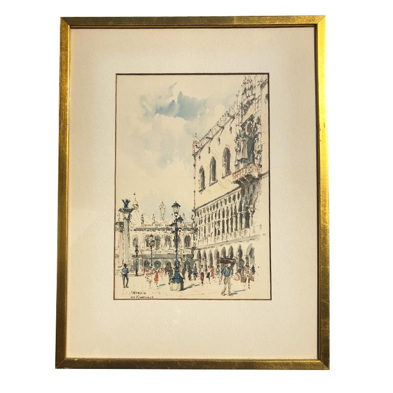 American Classical Water Color Prints of Venezia a Pair with Gilt Frames Signed Jan Korthals
