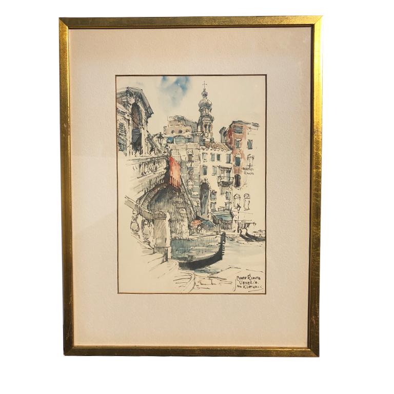 Italian Water Color Prints of Venezia a Pair with Gilt Frames Signed Jan Korthals