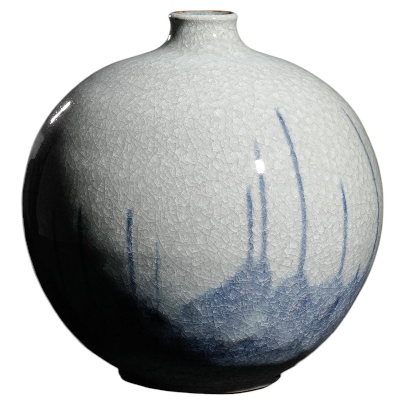 Water Dance Celadon Crackle Vase by Fu Chin, Blue Glaze, Modern Design For Sale