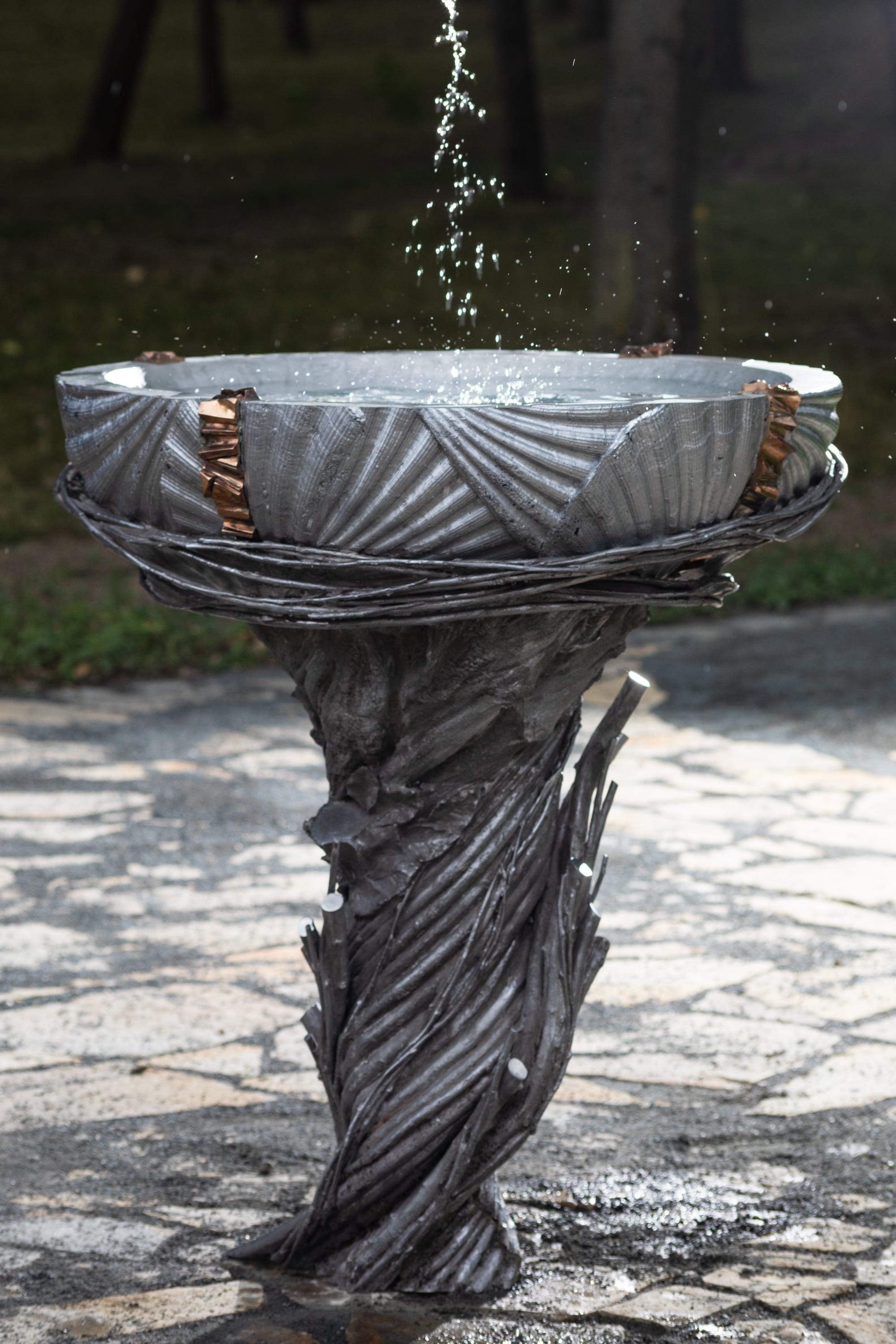 Water Element is a work in bronze and aluminum by Czech sculptor Ondřej Oliva. It is both an outdoor sculpture and a large garden water basin. The water is static. A drain plug situated in the center of the basin allows easy emptying of the