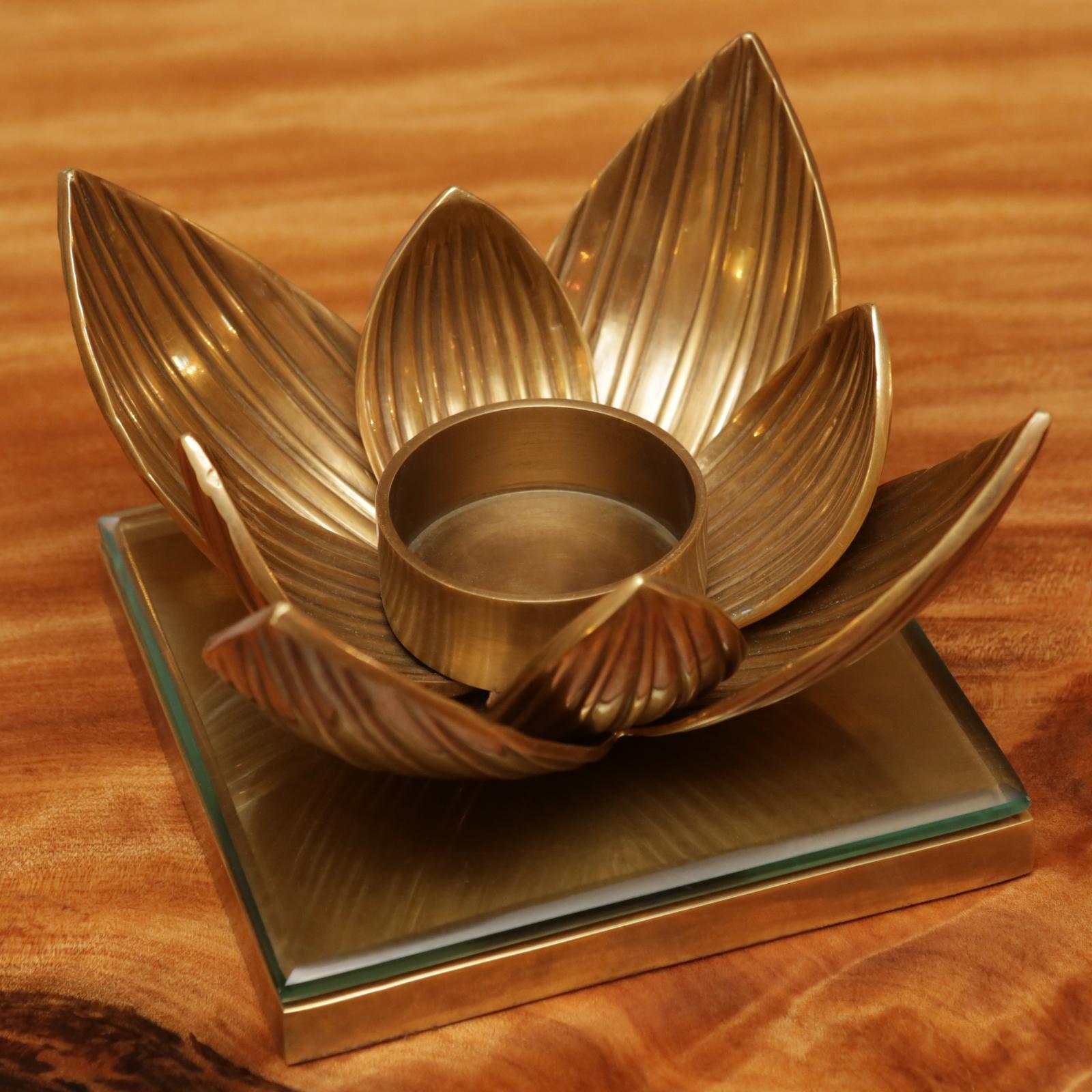 Indian Water Flower Candleholder in Vintage Brass For Sale