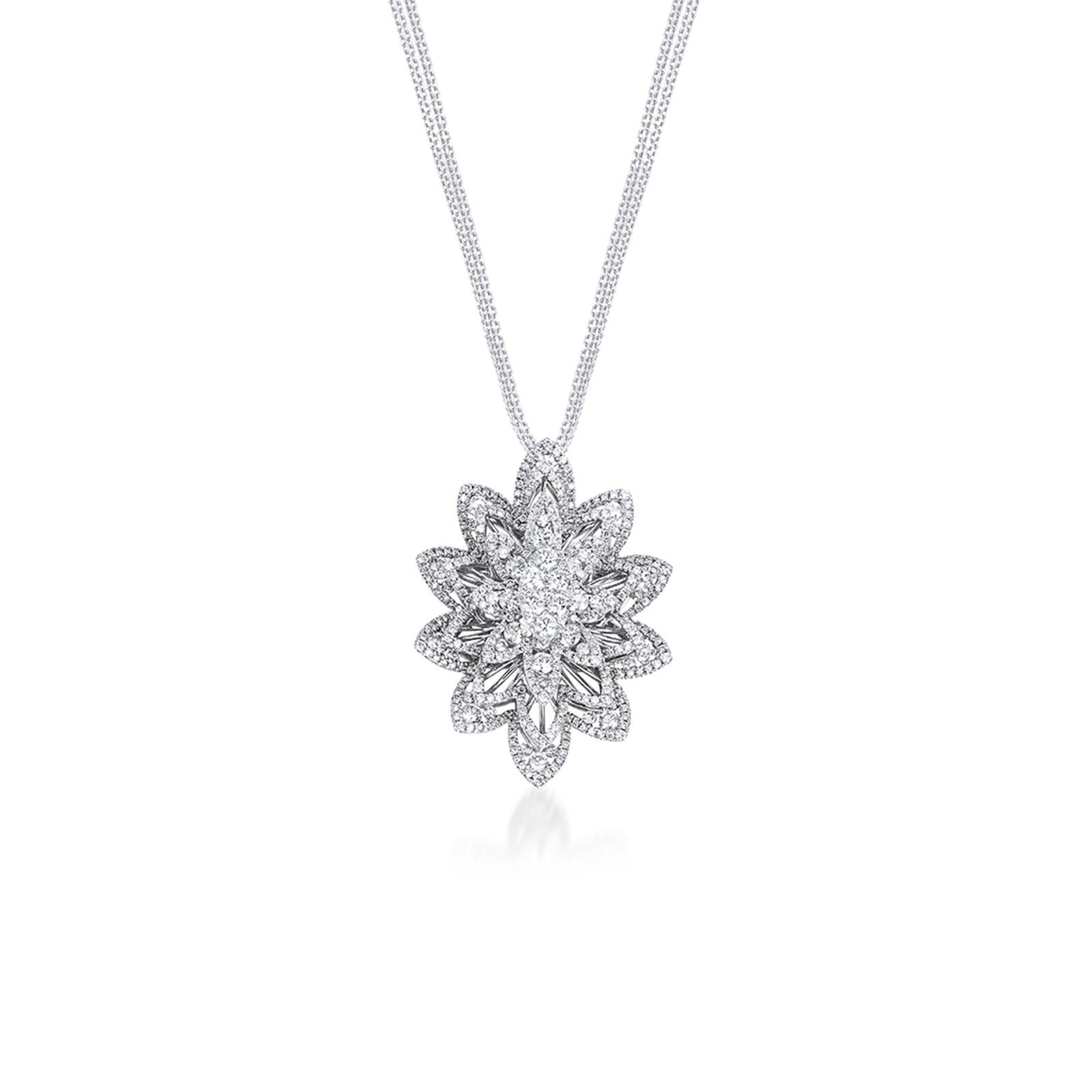 Artisan Water Flower Diamond Pendant Necklace, 3.13 Carat Weight 18K White Gold For Sale