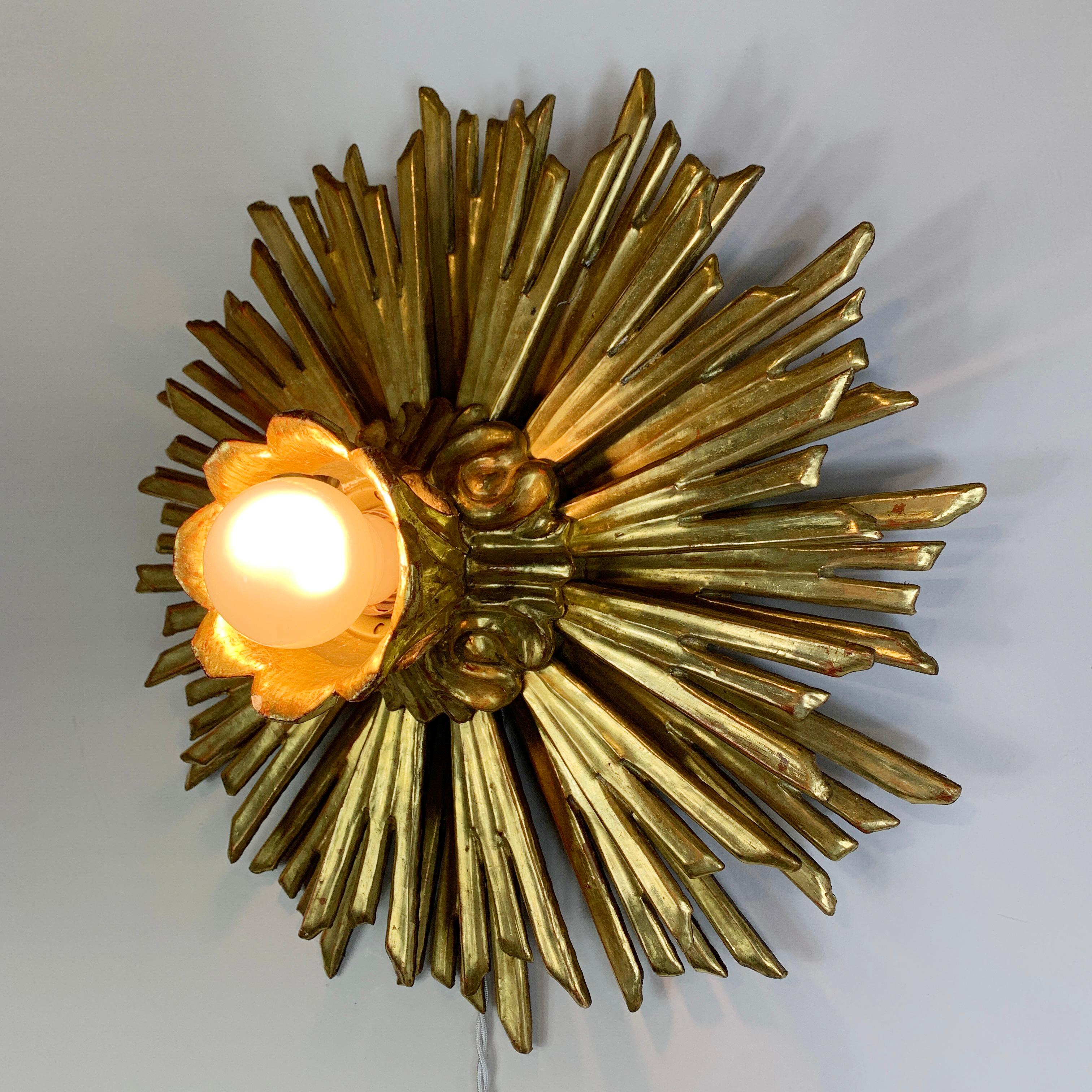 Water Gilded Wooden Chapel Sunburst Flush Light In Good Condition In Hastings, GB
