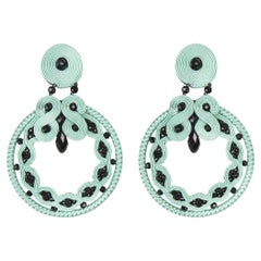 Water & Jet Soutache Earrings with Silk Rayon, Crystal Beads & Silver Closure
