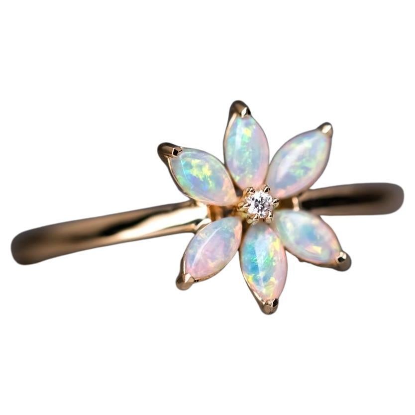 Water Lily Australian Solid Opal Diamond Engagement Ring 18K Yellow Gold