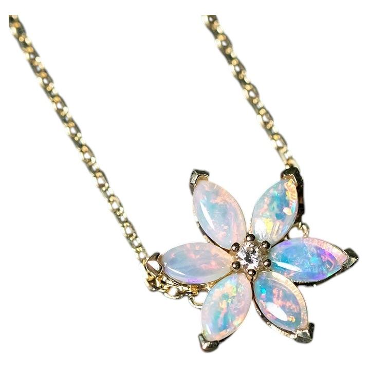 Water Lily Design Australian Solid Opal Diamond Bracelet 14K Yellow Gold For Sale