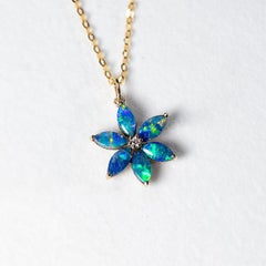 Water Lily Doublet Opal Diamond Pendant Necklace 14K Yellow Gold