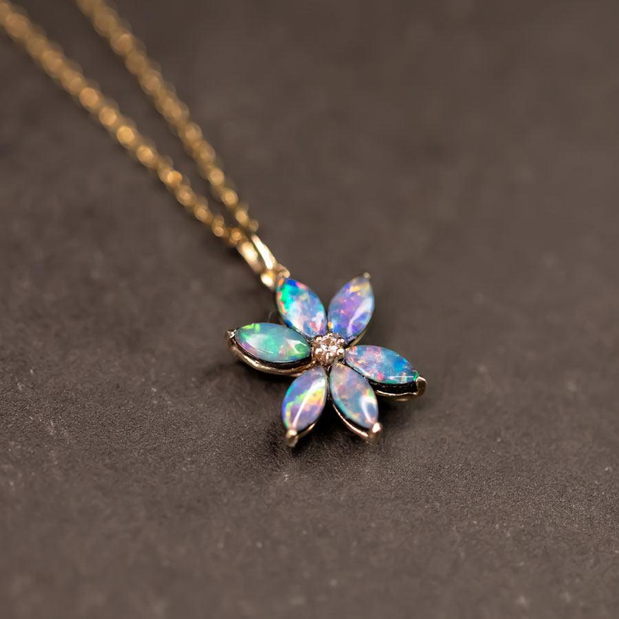 Arts and Crafts Water Lily Doublet Opal Diamond Pendant Necklace 18K Yellow Gold For Sale