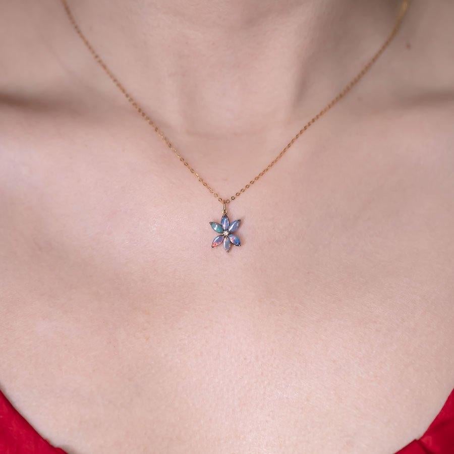 Brilliant Cut Water Lily Doublet Opal Diamond Pendant Necklace 18K Yellow Gold For Sale