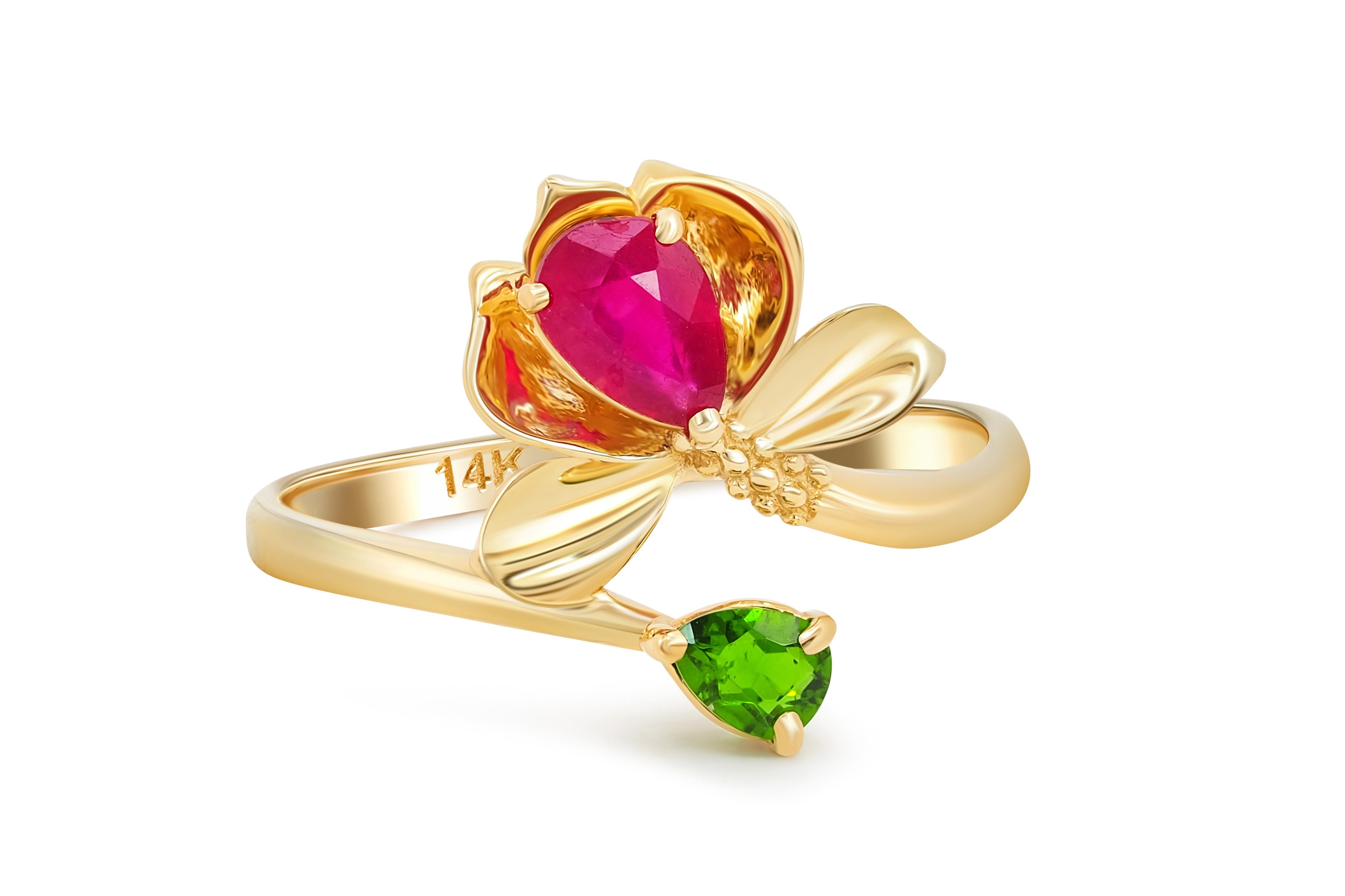 Water lily ruby ring. 
Pear ruby 14k gold ring. Lily ruby ring. Statement ruby ring. July birthstone ring. Gold flower ring. Open ended ring.

Metal: 14k gold
Weight: 2.0 g. depends from size.

Set with ruby, color - red
Pear cut, 0.75 ct. in total,