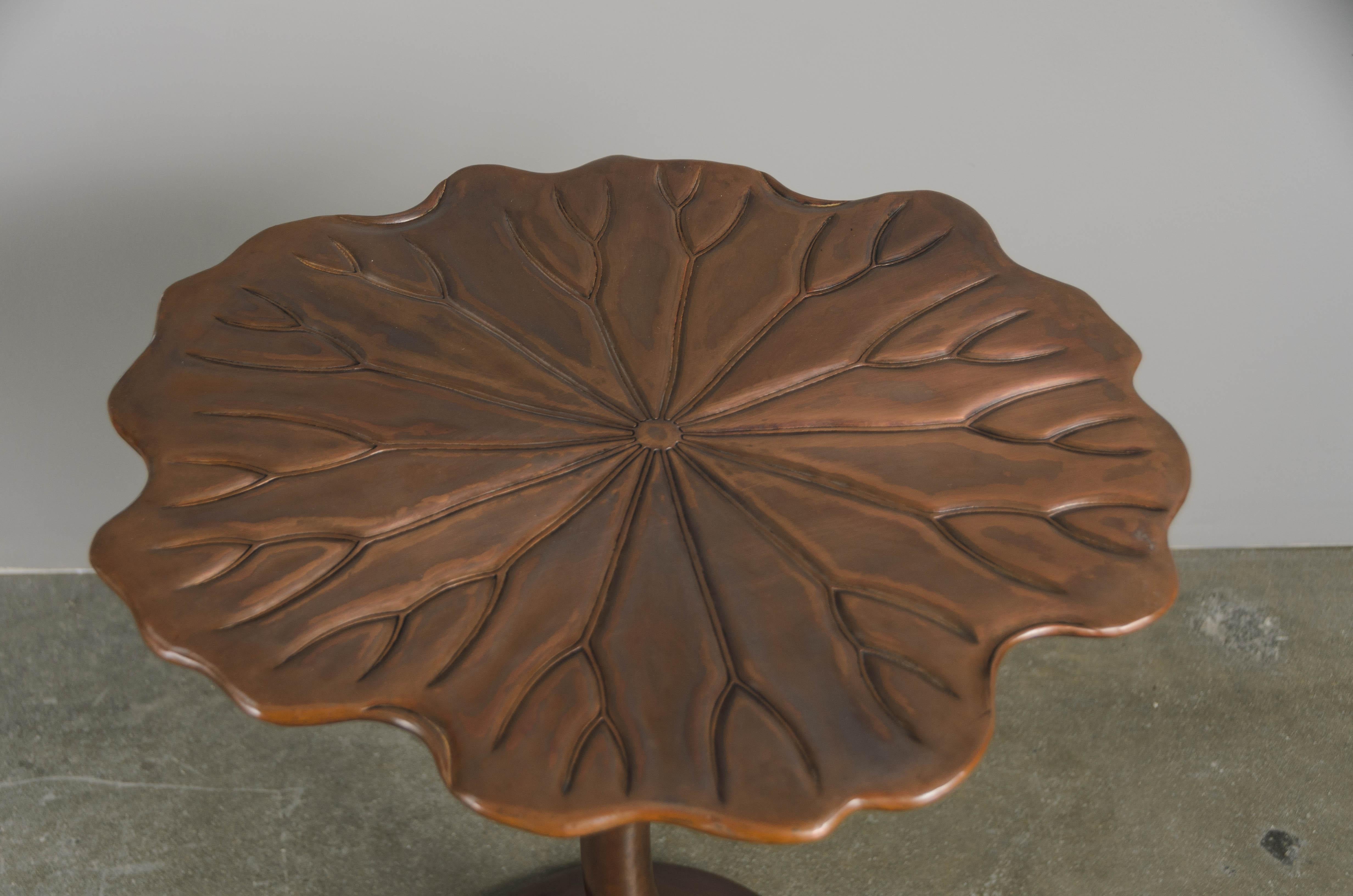 Repoussé Water Lily Table in Antique Copper by Robert Kuo, Contemporary, Limited Edition For Sale